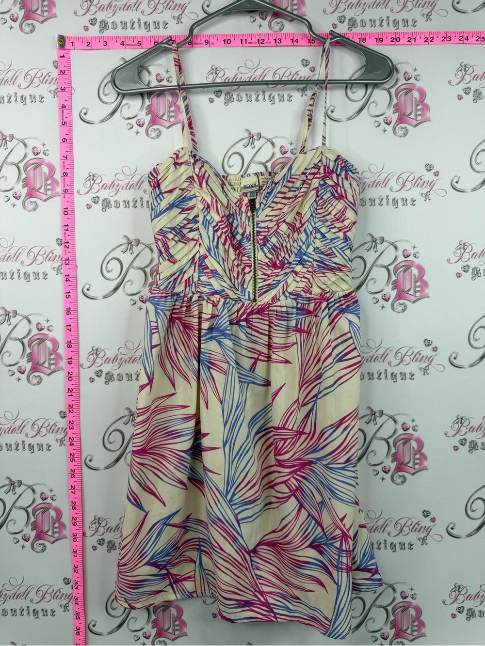 Roxy dress mini Cream Dress with Pink & Blue Leaf Print and Front Zipper